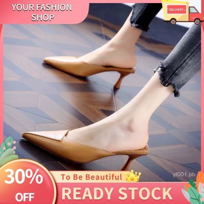 ♈▧ Womens Pointed Toe Sandals with Closed Toe2021Summer New Korean Style All-Matching Stiletto High Heel Mid Heel Half Slippers