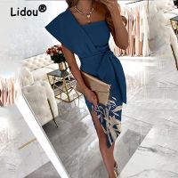 ZZOOI Summer Fashion Women Commute Printing Solid Party Dress Sexy One-Shoulder Slit Bodycon Elegant Dress Sashes Lace-up Midi Dress