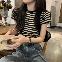 Korean style shoulder striped short-sleeved T-shirt womens summer tight bottoming inner design sense niche T-shirt slimming top