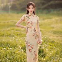 【มาใหม่】ผู้หญิงฤดูร้อนอ่อนโยน Cheongsam สีเบจลายดอกไม้กลางยาววินเทจชุดสลิมฟิตหญิงเครื่องแต่งกาย Qipao S เพื่อ3XL