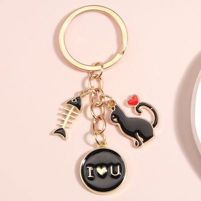 Cute Enamel Keychain Fishbone Heart Cat Key Ring I Love You Key Chains For Women Men Handbag Accessorie Handmade Jewelry Gifts
