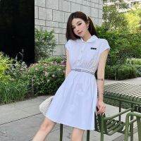 【Top Grade】2023 Summer New Off Shoulder Sleeve Dress Waist Letter Embroidered Pocket Letter Age Reducing Style Dress