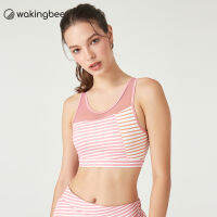 Wakingbee Stripe Bra (Pink) สปอร์ตบรา พิมพ์ลายทาง ซัพพอร์ตสูง ตัดต่อตาข่าย มีตะขอหลัง ผ้ากันยูวี แห้งเร็ว มีฟองน้ำ