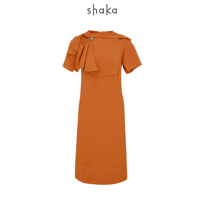 shaka-ss21-drape-layer-dress-เดรสยาว-แขนสั้น-ทรงเอ-เข้ารูปช่วงเอว-ติดกระดุมแต่ง-recycle-ds-s210403