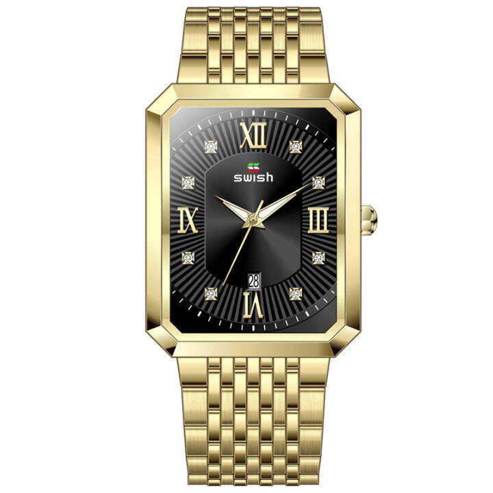 Rectangular Men's Gold Watch Stainless Steel Strap Simple Business