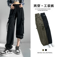 American black cargo pants womens small 2023 Spring and Autumn New High waist loose summer ankle-tied wide-leg casual pants