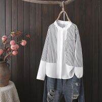 Plus Size XL-4XL Womens Stand Collar Striped Spring Autumn Blouses Long Sleeved Elegant Female White Office-wear Tops