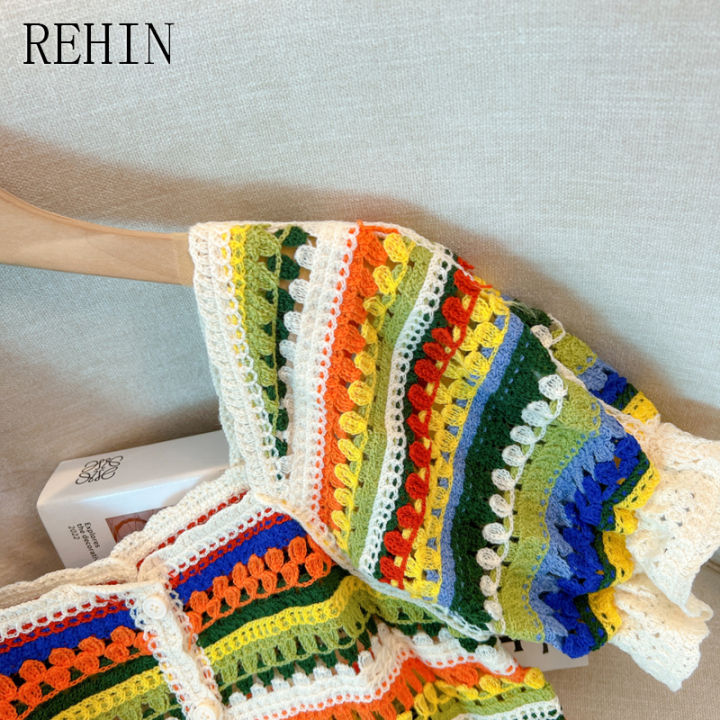rehin-เสื้อเข้ารูปเอวสูงสำหรับผู้หญิง-เสื้อเสื้อสตรีถักแขนสั้นเอวสูงแบบชาติพันธุ์กลวงคอสี่เหลี่ยมลายทางสำหรับฤดูร้อน
