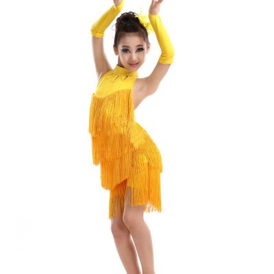 □♕◄ Solid Tassel Dance Dress For Girls Latin Salsa Dance Wear Party Costume Stage Performance Outfit For 4-11 Years