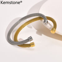 Kemstone เครื่องประดับกำไลข้อมือกำไลชุบเงินแบบเปิดทองตาข่ายเหล็กสแตนเลสสำหรับผู้หญิง