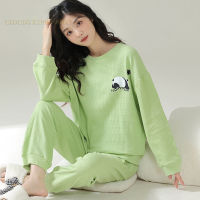 ฤดูใบไม้ผลิวาฟเฟิล PJ ชุดนอนชุดนอนสตรีชุดสาวชุดนอนการ์ตูนแพนด้าชุดนอน Loungewear Pijama Mujer ชุดนอน Homewear