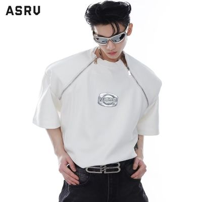 ASRV เสื้อยืดผู้ชาย เสื้อผ้าผู้ชาย t shirt for men แผ่นรองไหล่แขนสั้นสำหรับผู้ชายเสื้อยืดคอกลมบุคลิกเรียบง่ายดีไซน์โลหะเฉพาะ