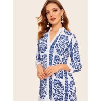 COD DSFGRDGHHHHH European American summer blue and white porcelain print loose large size stand collar chiffon dress A-line dress