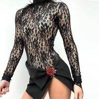 [COD] Q23BS031 European and womens summer new solid sexy round neck lace long sleeve see-through slim bodysuit for women