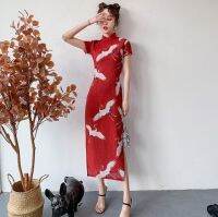 卍❦ STANLEY Coco สไตล์จีน Qipao ชุดผู้หญิงสั้นกลางแขนยาวเอวสูงหลวมด้านข้างชุดเดรส Oriental Vintage Crane พิมพ์ Vestidos