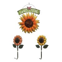 Sunflower Decor Welcome Sign Hanging Decor with Two Sunflower Hooks for Hanging Handmade Metal Art Wall Door Decor for Indoor and Outdoor