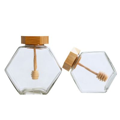 220ML380ML Hexagonal Glass Honey Bottle with Wooden Stirring Rod Sealing Honey Pot Clear Jam Jar for Home Kitchen