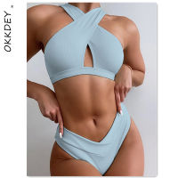 Push Up Bikinis Ribbed Womens Swimsuit 2021 Sexy Cut Out Swimwears High Waist Bathing Suit Cross Strap Beachwear Solid Biquini