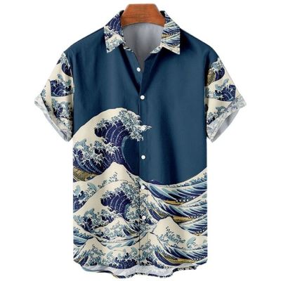 เสื้อฮาวายผู้ชายย้อนยุค3D ลายคลื่นทะเลเสื้อพลัสไซซ์ลำลองแขนสั้นผู้ชายเสื้อแฟชั่นหลวมปก