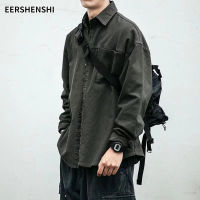 EERSHENSHI เสื้อคลุมแขนยาวผช เสื้อเชิ้ตผู้ชายทำงานย้อนยุคแขนยาวสีทึบเสื้อลำลองเสื้อด้านบน