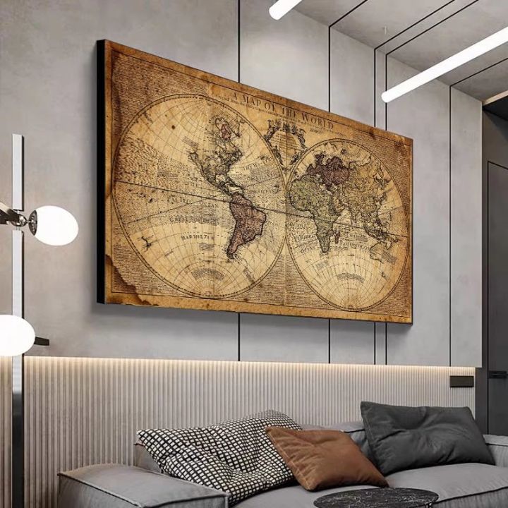 แผนที่ของโลก-retro-ภาพเก่าผ้าใบ-vintage-earth-ภาพวาดสำหรับห้องนั่งเล่นพิมพ์โปสเตอร์-home-office-study-wall-art-decor