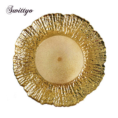 13inch Gold Flower Charger Plate Plastic Decorative Service Tray Dinner Serving Wedding Christmas Event Party Table Decorations