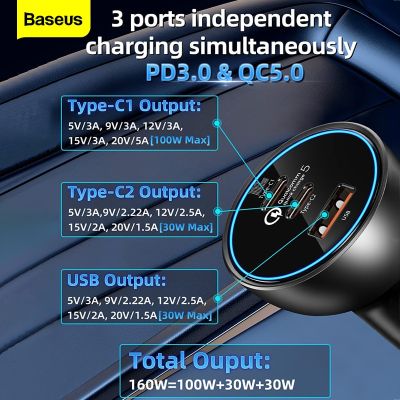 Baseus ที่ชาร์จที่ชาร์จแบตในรถเร็ว160W 5.0 QC 4.0 PD 3.0 USB Type C 65W สำหรับแล็ปท็อป Macbook Pro
