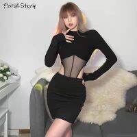 ฮิสโตเรียดามินิเดวียโด้ Preto Elegante Feminino Saia Bodycon เซ็กซี่ Com O Pescoço Mangas Compridas Ver Atravescavar Boate Y2K