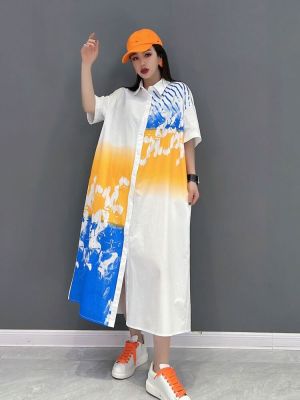 XITAO Dress Casual Loose Printed Shirt Dress