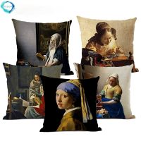 Art Oil Painting Pearl Girl Cushion Cover 45*45cm Art Decoration  Coffee Bar Hotel Office Flax Pillow Cover Johannes Vermmer Drawing Painting Supplies