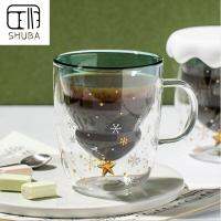 ภาชนะใส่เครื่องดื่มโปร่งใสชากาแฟ SHUBA เกล็ดหิมะต้นคริสต์มาสอาหารเช้าของขวัญคริสต์มาสสองชั้นถ้วยใส่นม Sloki Kaca เหยือกแก้ว