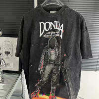 Oversized distressed Kane donda T เสื้อ hip hop Space Man พิมพ์ล้างทำเสื้อยืดเก่า2023ฤดูร้อน streetwear Cou