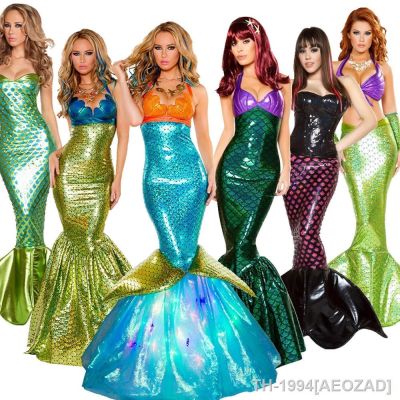 AEOZAD Mulheres sereia Princesa Halloween Fantasia lantejoulas Fantasia de Carnaval Sexy Ariel Vestido festa บอดี้คอน Saia cauda peixe