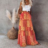 【CC】▼✲  Skirt Elastic Drawstring Waist Loose Big Hem A-line Patchwork Pleated Boho Ethnic Print Vacation