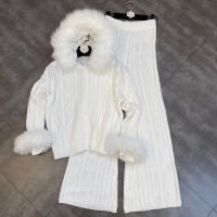 PREPOMP  Winter Fox Fur Hooded Knitted Sweater Coat High Waist Long Wide Leg Pants Casual Two Piece Set Tracksuits GC950