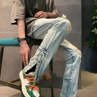 ✎ 2022 Korean Style Ripped Jeans Mens Loose Pants Japanese Autumn Hip-Hop Casual Cropped