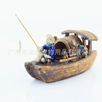 【cw】 Ceramic Fishing Boat Ornaments Fish Tank Landscaping Fishing Old Fisherman Boathouse Aquarium Landscaping Decoration With Fishing Rod ！