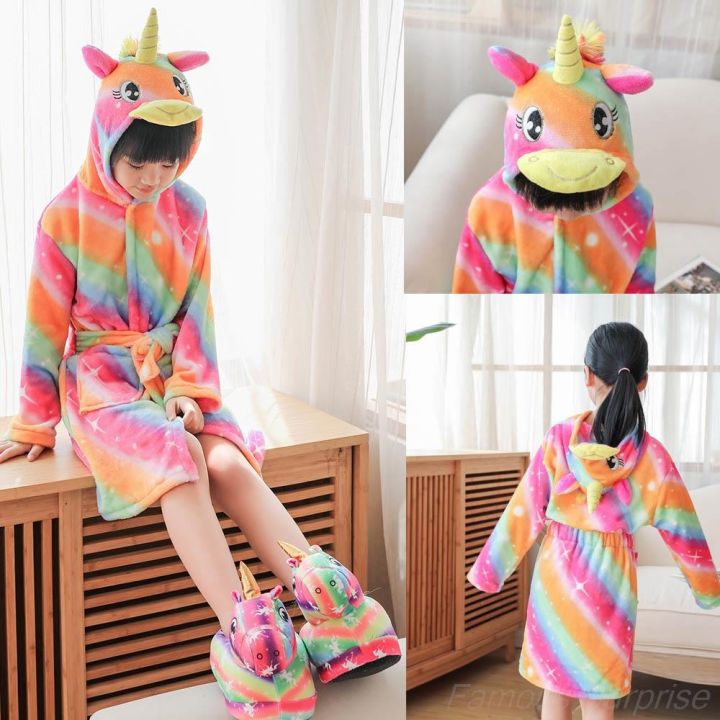 xiaoli-clothing-100-150ซม-ออกแบบใหม่เด็กเสื้อคลุมอาบน้ำสำหรับหญิงผ้าเช็ดตัว-robe-ฤดูหนาว-flannel-warm-rainbow-unicorn-เสื้อคลุมอาบน้ำเด็ก-night-robe