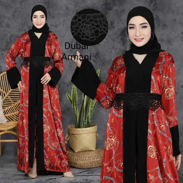 Gamis Abaya Hitam Dubai Armani Merah Sutra | Lazada Indonesia