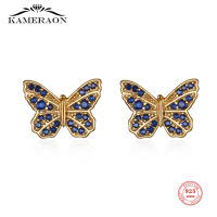 Real 925 Sterling Silver Earrings Butterfly Blue Zircon Gold Stud Earrings Luxury Sweet Fine Jewelry Gift for Women