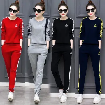 Korean Fashion Women's Casual Sport Wear Set 2PCS Long Sleeve Sports Suit  Lady Tracksuit Top and Bottom