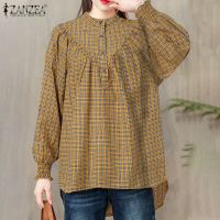 ZANZEA Women Long Sleeve Elastic Cuffs Fashion Grid Printed Casual Blouse