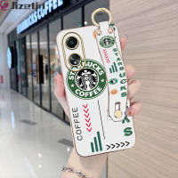 Jizetin OPPO A58 4G (มีสายรัดข้อมือ) เคสนิ่มลายการ์ตูนขอบสี่เหลี่ยม (Starbucs) เคสโทรศัพท์ชุบเคสโทรศัพท์นิ่มหรูหรา