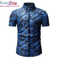 Cozy Upสีแดงและเสื้อสีฟ้าผู้ชายเสื้อแฟชั่นฤดูร้อนใหม่C Hemise H Ommeบุรุษพิมพ์เสื้อเชิ้ตแขนสั้นผู้ชายเสื้อ