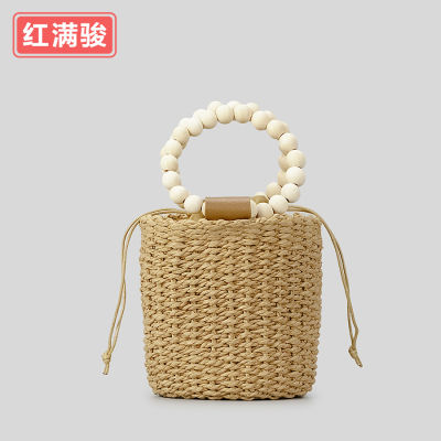 ShenWin กระเป๋าฟางประดับลูกปัดสำหรับผู้หญิง,กระเป๋าทรงกลมแบบผูกเชือกกระเป๋า Tote แบบทอด้วยมือกลองรีสอร์ทริมทะเล