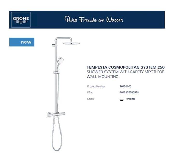 GROHE TEMPESTA COSMOPOLITAN SYSTEM 250 SHOWER SYSTEM WITH SAFETY MIXER