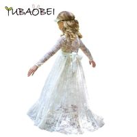 2 -12 Yrs Baby Girl Lace Maxi Dress Big Bow Long Sleeve Elegant Flower Princess Party Wedding Evening Frocks Prom Dresses Girls