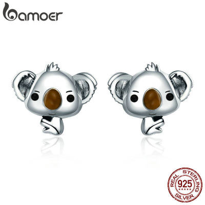 BAMOER จัดส่งฟรีของแท้100 925เงินสเตอร์ลิงสัตว์น่ารัก Koala Bear ต่างหูเม็ดกลมมิถุนายนสำหรับผู้หญิงเครื่องประดับเงินแท้ของขวัญ SCE38183124