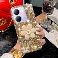 เคส Vivo Y27 Y22S Y36 5กรัม Y02 Y16 Y22 Y35 Y02S Y21 Y33S Y33T Y2S Y21T Y20S Y20i เคสโทรศัพท์3D ที่วางขาตั้งโทรศัพท์ดอกไม้พลอยเทียมโรสเคสโทรศัพท์เงางามของดอกไม้