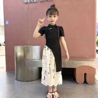 【Ready】? Girls new Chinese style improved cheongsam suit skirt new childrens 2023 summer retro black dress two-piece set